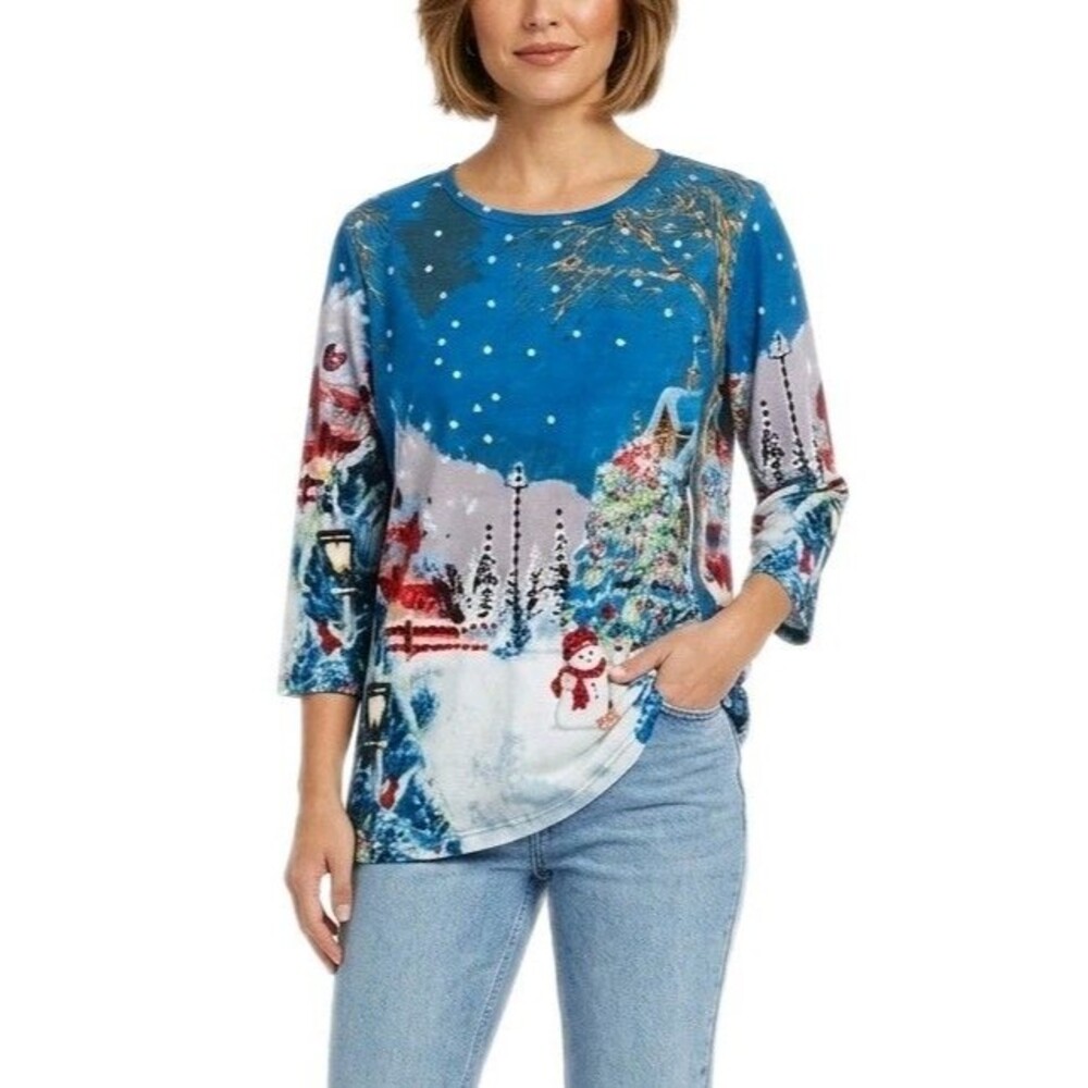 Vintage Y2K 90s Graphic Winter Wonderland Holiday Top 3/4 Sleeve Sequins Size S